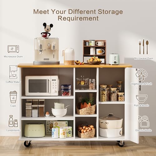 SUNLEI Kitchen Island on Wheels with Storage Cabinet & Drawer, 47.2" Large Kitchen Cabinet with Open Shelves, Cart Handle for Towel Rack or Free Mobility, Portable Islands for Kitchen(White)