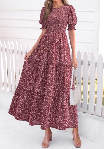 BTFBM Women Casual Summer Dresses 2026 Spring Crew Neck Ruffle Short Sleeve Smocked Floral Boho Flowy Maxi Dress Clothes(Floral Wine Red White, Large) — view 5