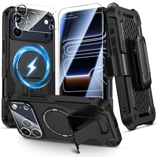 Caka for iPhone 17 Pro Max Phone Case with Belt Clip Holster [Compatible with MagSafe] [HD Screen & Camera Lens Protector] [Invisible Kickstand] Military Grade Shockproof Rugged Magnetic Cover