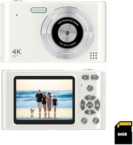 Cámara digital de bolsillo con zoom de 16X, memoria de 64 GB, FHD 1080P, antivibración, cámara pequeña compacta de regalo para niños y niñas (blanco)