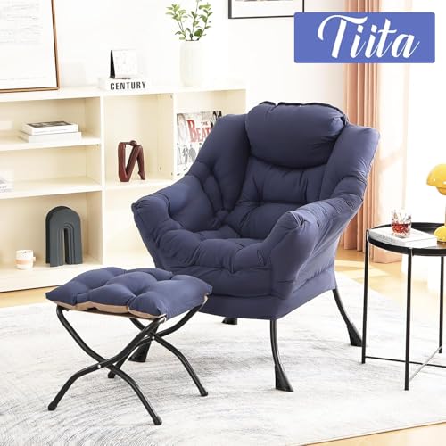 Image of Tiita Modern Large Accent Chair with Ottoman, Navy, Comfy Leisure Sofa Armchair with Ottoman, Reading Chair with Footrest for Bedroom, Living Room, Dorm Rooms