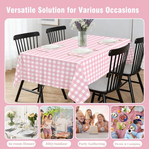 Image of Oigco Pink Gingham Tablecloth - 3 Pack 54 inch x 108 inch Rectangle Disposable Pink and White Checkered Tablecloth, Picnic Table Cover for Party, Wedding, Birthday