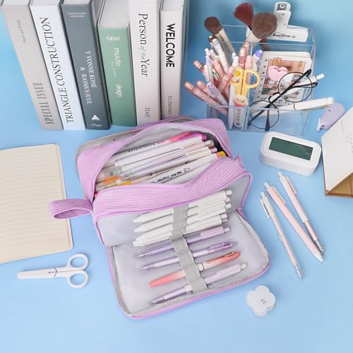 Image of iSuperb Big Capacity Corduroy Pencil Case 3 Compartments Pen Pouch Simple Organizer Bag Large Capacity Pencil Box for Adults (Purple)