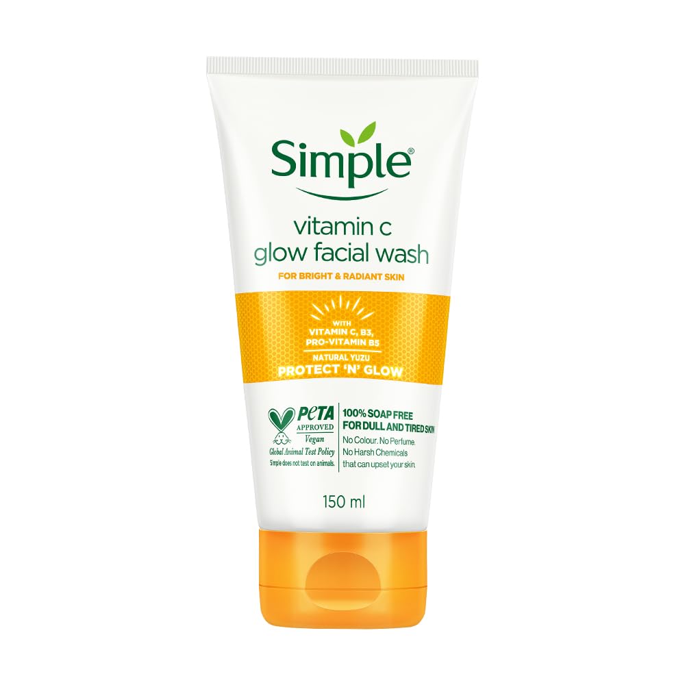 Simple Vitamin C Glow Facial Wash | 100% Soap Free | Gentle Brightening Cleanser with Yuzu Lemon | Face wash for All Skin Types | Perfect for Sensitive Skin, 150ml