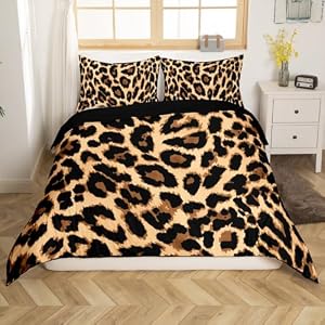 Feelyou Leopard Print Bedding Set Queen Size Africa Cheetah Print Comforter Cover Set Safari Animal Pattern Bed Duvet Cover for Boys Girls Men Women Room Decor Black Brown Leopard Bed (No Co