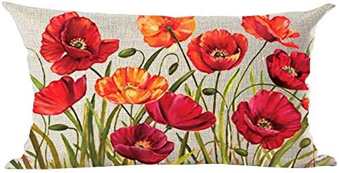 Ramirar Ink Oil Painting Watercolor Retro Red Orange Pink Poppy Flowers Decorative Lumbar Throw Pillow Cover Case Cushion Home Living Room Bed Sofa Car Cotton Linen Rectangular 12 x 20 Inches