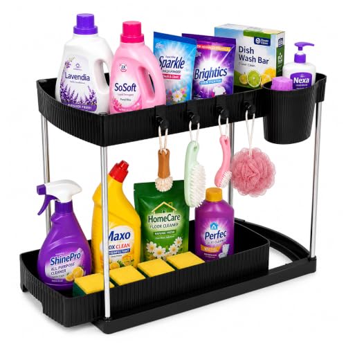 Image of JD Fresh Pack of 1 Under Sink Storage Organizer /Pull Out Cabinet Storage with Hooks & Hanging Cup /2 Tier Plastic Organiser Rack and Sliding Shelf Basket (Black)