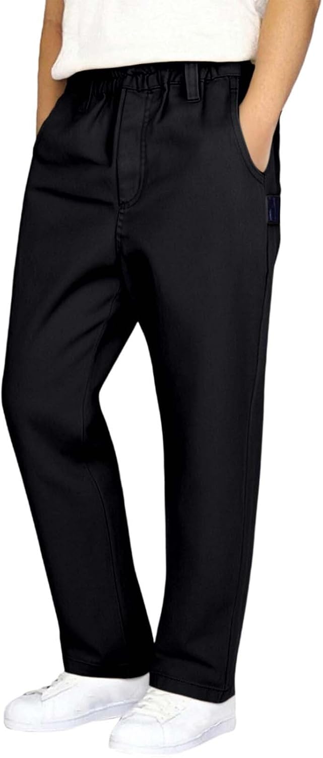Boys School Uniform Flat Front Pants Elasticized Waistband Trouser Kids Straight Leg Pull-on Dress Pant with Pocket