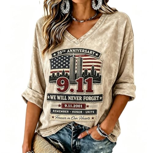 GQN 911 Memorial Shirts Womens Tie Dye 9/11 Memorial V Neck T Shirt 25th Anniversary Never Forget Patriotic Graphic Tee Long Sleeve Tops 2026 3/4 Sleeve Beige X-Large