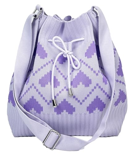 Knit Bucket Bag Women Trendy Spring Crochet Knitted Drawstring Shoulder Bags Crossbody Purse Geometric Pattern