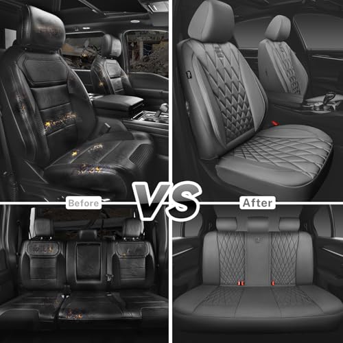 Image of CAR PASS Piping Luxury Leather Seat Covers Full Set,5 Seats Anti-Slip Waterproof Seat Covers Compatible with Front Armrests,Universal Fit for Sendans, Suvs,Vans,Trucks,Airbag Compatible,Pure Gray