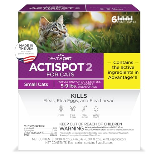 TevraPet Actispot II Flea Treatment for Small and Medium Cats 5-9 lbs | 6 Doses | Powerful Prevention and Control, Clear
