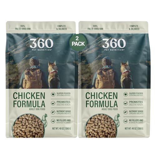 360 Pet Nutrition Freeze-Dried Raw Dog Food – Chicken Recipe with Liver & Organs, High Protein, Omega-3s, Fruits, Veggies & Superfoods, Grain-Free, No Filler 2 x 48 oz Made in USA