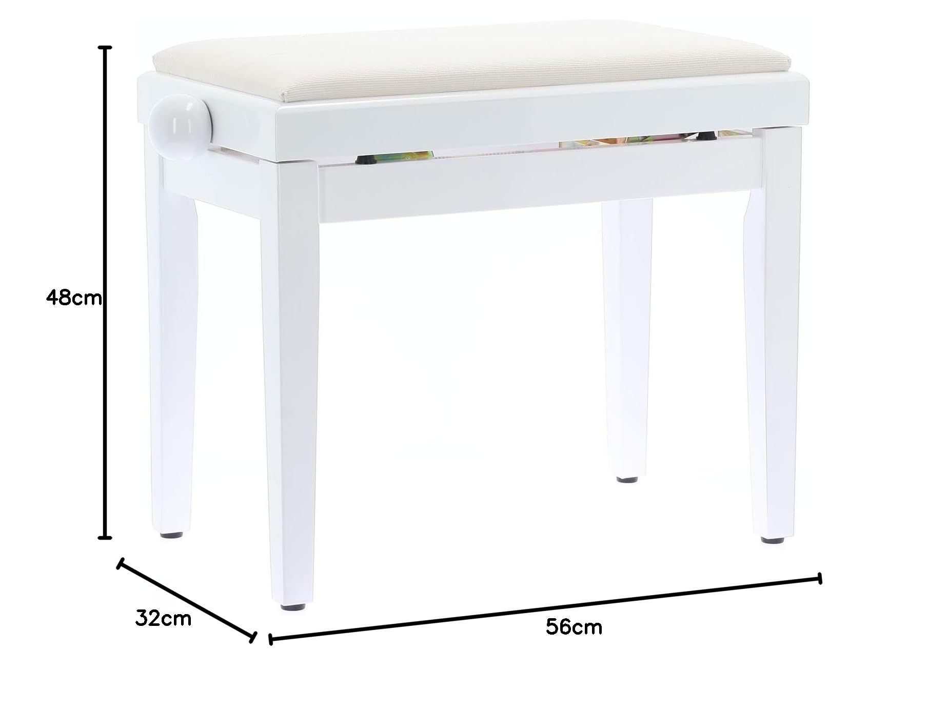 QUIK LOK - PB/010 WH L Panca in Legno Bianco Lucido per Pianoforte con Seduta Imbottita in Velluto, Regolabile 48–57 cm, Carico Massimo 100 kg