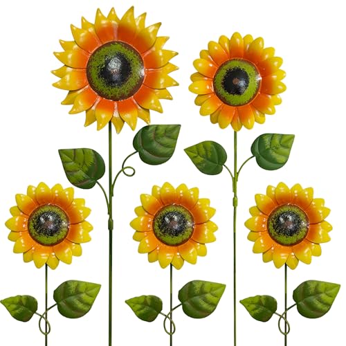 Metal Sunflower Garden Stakes Outdoor Decor 5 PCS Decorative Yard Art Flowers with Shaking Head Weather Resistant Sunflower Yard Decorations for Lawn Patio Flower Bed & Pathway