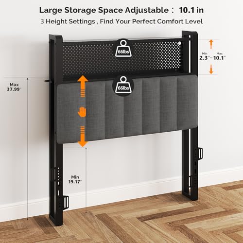 Image of VINGLI Twin or Twin XL Size Headboard, Adjustable Upholstered Headboard with 2 Tier Shelves and Pegboard with Charging Stations and LED Lights, Modern Bed Headboard with Storage for Bedroom Decor