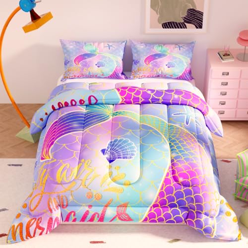 Image of Mermaid Comforter Sets,Cute Pattern for Kids Girls Adults,Decorative Bedding Comforter Sets with 2 Pillow Shams, Twin Size