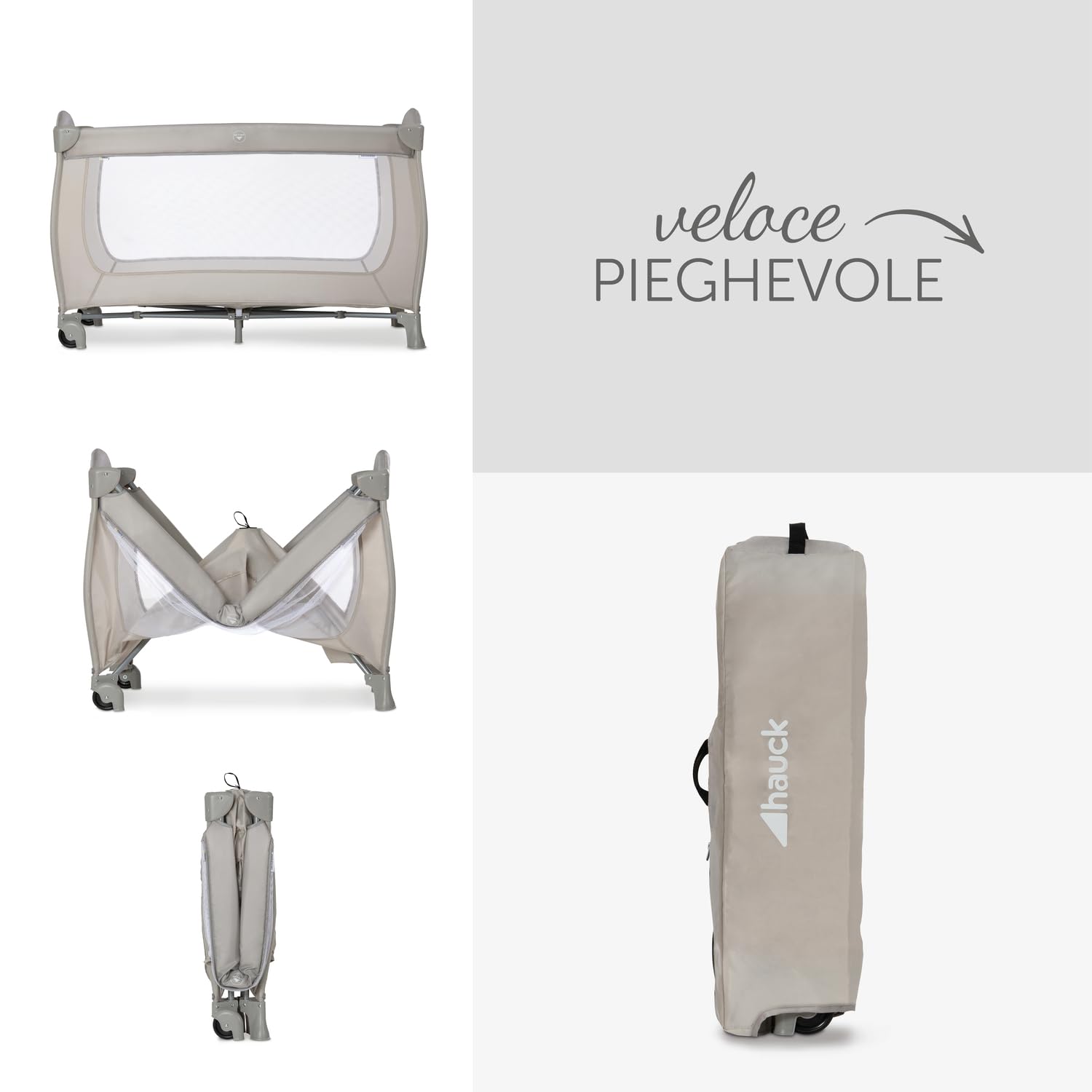hauck Lettino Da Viaggio Sleep N Play Go Plus - Culla Neonato fino a 15kg - Letto Pieghevole 60x120cm - Box Bambini con Ruote, Apertura Laterale e Borsa - Beige