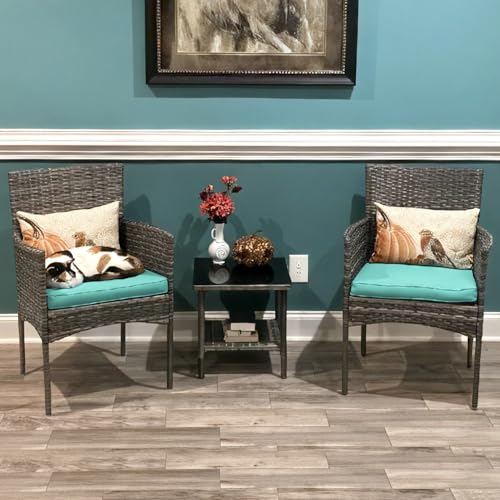 Image of FDW 3-Piece Patio Furniture Set | Gray & Blue | Outdoor Wicker Furniture