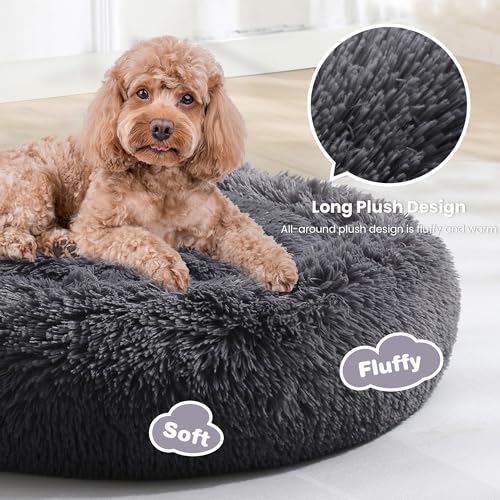 JOLLYVOGUE Small Dog Bed Donut, Soft & Washable Calming Anti-Anxiety Dog Bed for Pets, Fluffy Faux Fur Plush Dog Bed with Slip-Resistant Bottom(Dark Grey, Small, Up to 20 lbs) - Image 3