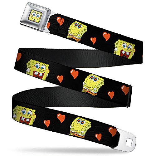 Sponge Bob Face CLOSE-UP Seatbelt Belt - Spong Bob Love Eyes/Hearts Black/Red Webbing REGULAR