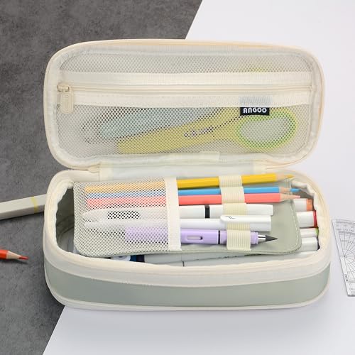 Image of Large Capacity Canvas Pencil Case Organizer Holder Pouch Bag with Zipper Compartments for Women Girls School Adults (Green)