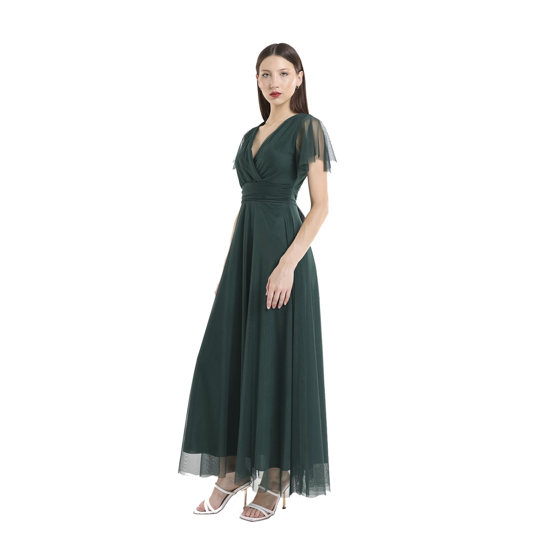Robe longue élégante femme avec manches volantes et col en V – Robe de cérémonie Made in Italy