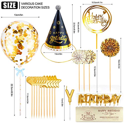 Birthday Cake Topper Set Happy Birthday Cupcake Topper Letters Cake Candles Toppers Confetti Balloon Stars Hearts Birthday Hat & Fan Cupcake Toppers, Birthday Cake Decoration Supplies (Gold) #TOP3