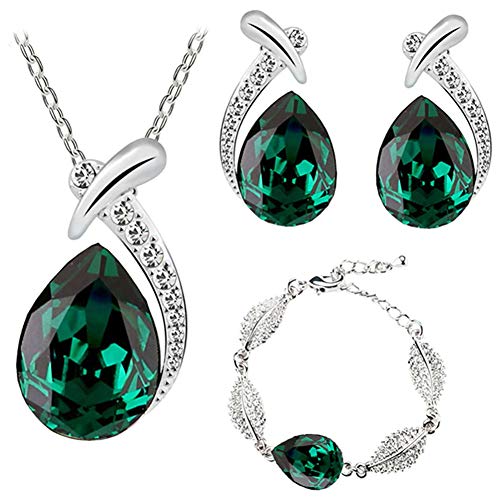 Scrox 3pcs Juego de Joyas Mujeres Plata Conjunto Moda Crystal Joyería Exquisito Collar Gotitas de Agua Colgante Rhinestone Pulsera Anillo Pendientes (Verde Oscuro)
