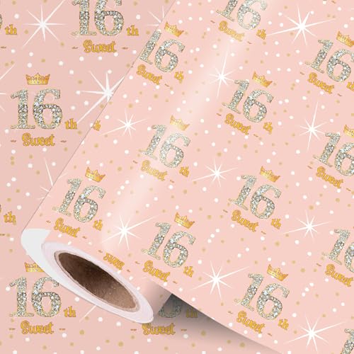 Papier cadeau d'anniversaire 16 ans de qualité supérieure avec motifs élégants et dorés