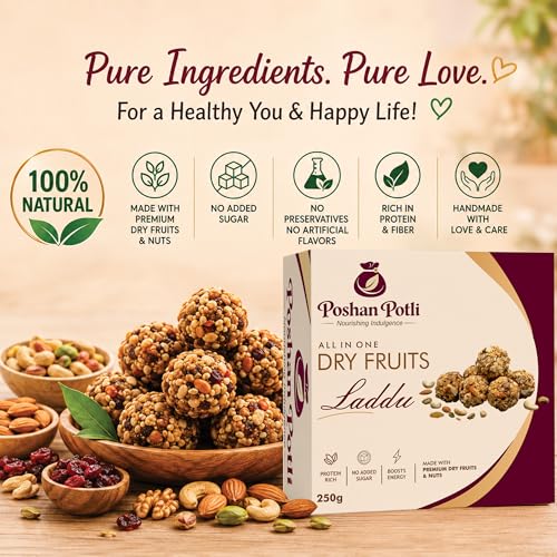 Image of POSHAN POTLI All in One Dry Fruits Laddu 250g Traditional Indian Sweet with Mixed Nuts and Seeds Soft Texture Ready to Eat Snack for Daily Use Festive Serving Home Storage Pack