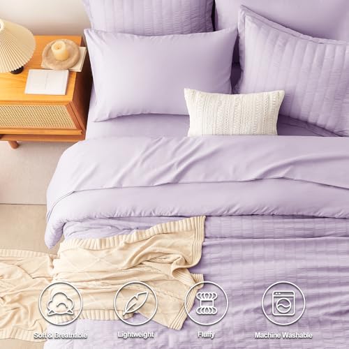 Image of CozyLux King Size Comforter Set Light Purple, 7 Pieces Seersucker Textured Luxury Bed in a Bag Lavender, All-Season Bedroom Bedding Sets with Down Alternative Comforter, Sheets, Pillowcases & Shams
