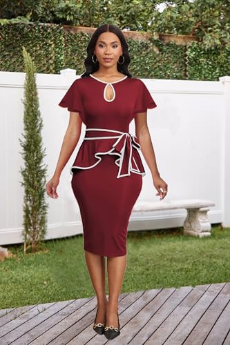 Image of Women's Vintage Bodycon Church Ruffle Sleeve Ruched Dresses Work Midi Pencil Dress
