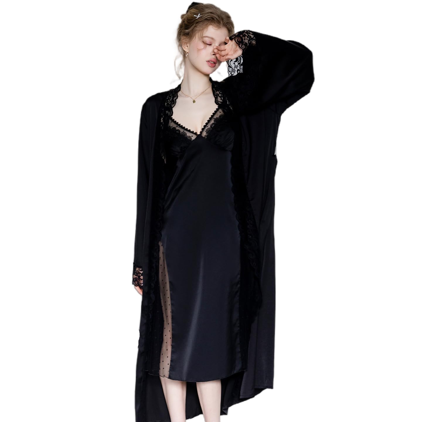 Zweiteiliger Nachtwäsche Set Completo Sottoveste/Vestaglia Lunga in Raso, Pizzo E Rete Trasparente A Pois
