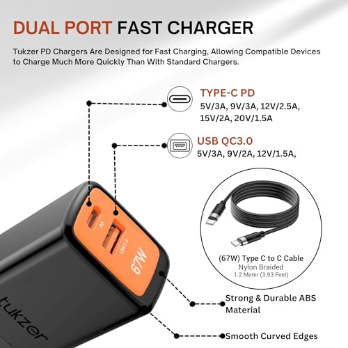 Image of Tukzer 67W Dual Port GaN3 Ultra Fast Charger (Type C PD3.0 & USB QC3.0 / 5V~3A) + USB Type C to C Cable| Compatible with MacBook /Laptops /All iPhone /iPad /Android Phones (Black)