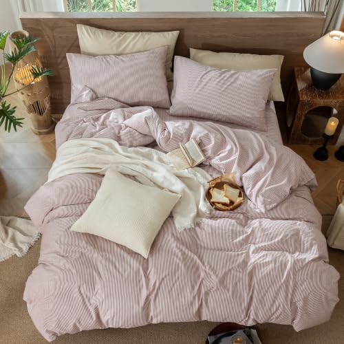 Image of MooMee Striped Duvet Cover Set 100% Washed Cotton Linen Like Queen | Relaxed Linen-like Texture. Soft, Breathable & Long-lasting Comfort. Lightweight. Hidden Zipper with 8 Interior Corner Ties