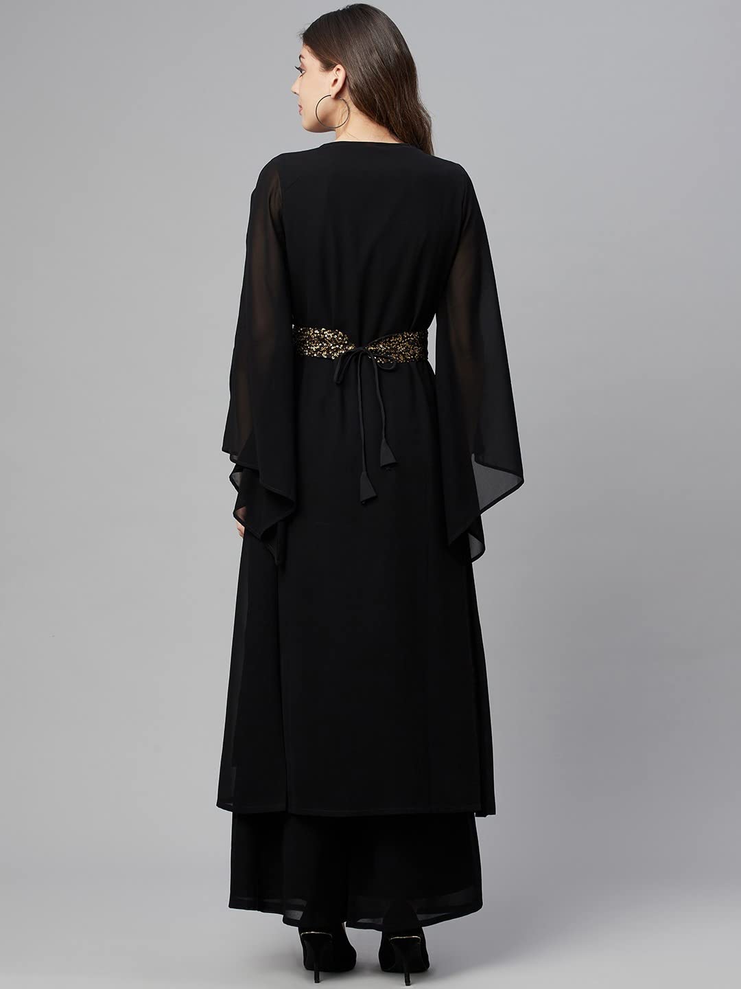 Cottinfab Women Black & Golden Embalished Long Dress with Palazzos Clothing Set, A-Line, Medium 1