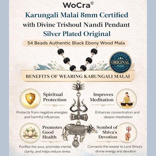 Image of Karungali Malai 8mm Certified with Divine Trishool Nandi Pendant Silver Plated Original | 54 Beads Authentic Black Ebony Wood Mala with German Silver Cap for Men & Women | Spiritual Protection, Energy Balance & Daily Pooja Wear - 1 Piece
