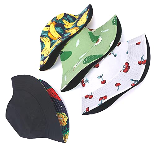4 Pack Unisex Print Bucket Hats, Cotton Beach Sun Hat For Women Summer Travel, Outdoor Reversible Cap Double Sides Wear For Women Men Multicolor #TOP6