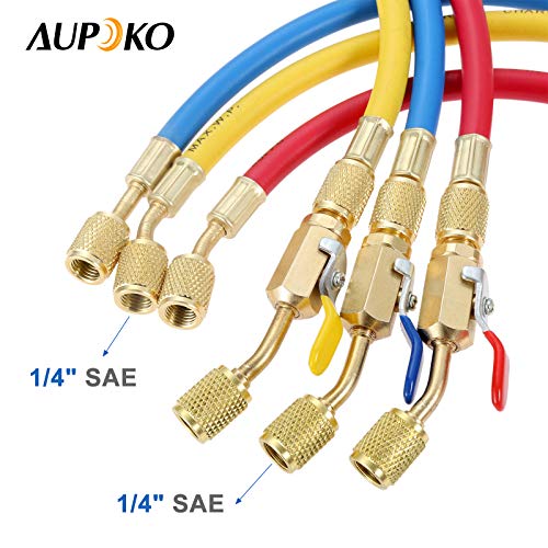 Aupoko AC Refrigerant Charging Hose with Ball Valve, 3-Color 60\" R410A HVAC Hoses Kit with 1/4’’ SAE Thread, with Valve Core Remover Kit for R410A R134A R12 R22 R502 R404 Air Condition Maintenance - Thumbnail 4