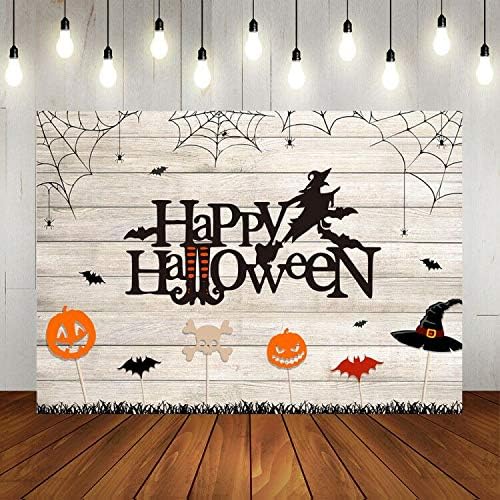 Halloween Backdrop Happy Halloween Wooden Floor Pumpkin Witch Magic Hat Bat Spider Web Portrait Photo Background Family Dress-up Party Event Decorations Banner Supplies 7x5ft Vinyl