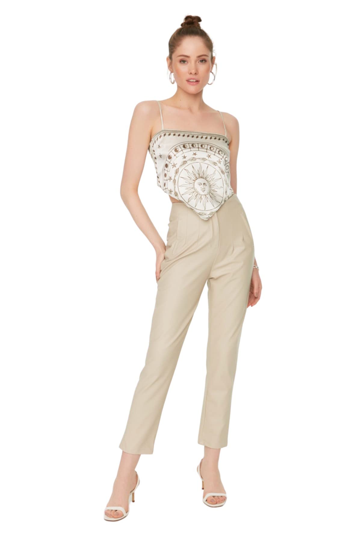 Trendyol Women High Waist Straight Leg Cigarette Pants Trousers Beige