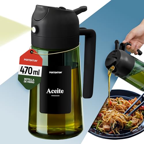 PORTENTUM Pulverizador aceite spray 470 ml 2 en 1 con función spray y vertido – Aceitera antigoteo vidrio verde con protección a la luz – Con etiquetas multidioma – Air fryer ensaladas y parrilla