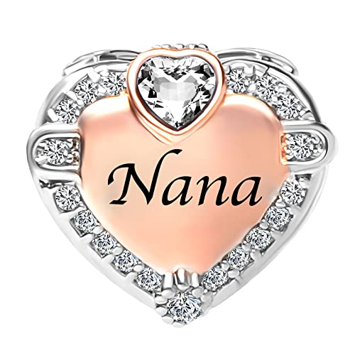 Image of Two-tone Family Rose Gold Love Heart Charm fits Pandora Charms Moments Bracelets Clear Cubic Zirconia Birthstones