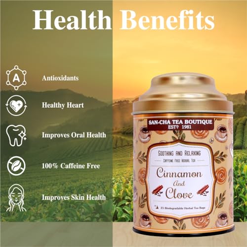 Image of SAN-CHA Sancha Tea Boutique Cinnamon & Clove Herbal Tea | Caffeine Free | (Pack Of 15) | 100% Biodegradable Tea Bags | Pyramid Tea Bags | Digestive Tea With Crushed Cardamom Bark, 200 Grams