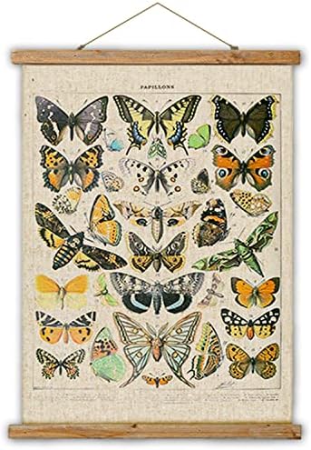 Vintage Butterflies Hanging Poster, Retro Style of Wall Art Prints, Printed on Linen with Wood Frames, Ready to Hang