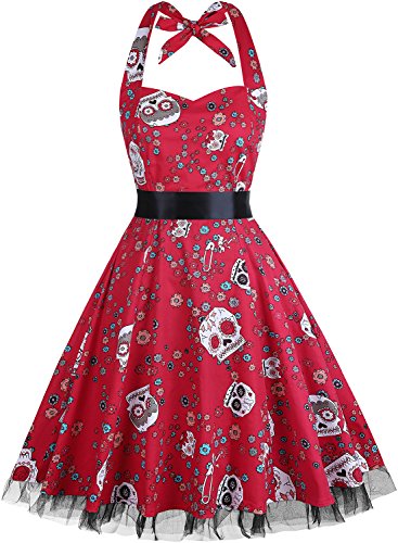 oten Vestidos 50s Vintage Rockabilly de Halterneck de Cóctel Fiesta de Las Mujeres