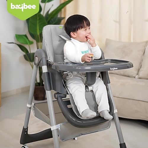 Image of Baybee 3 in 1 Baby High Chair for Kids, Baby Feeding Chair with 8 Height Adjustable, Footrest, Tray, 160 Recline, 5 Point Safety Belt & Wheels | Kids High Chair for Baby 0 Months to 6 Years