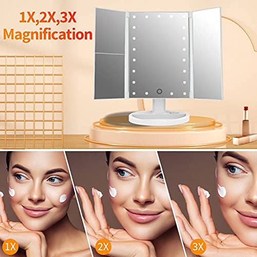 Zdatt Lighted Makeup Mirror, Tri-Fold Vanity Mirror with 21 LED Lights, 3X/2X/1X Magnification, Touch Screen, Two Power Supply Mode Make up Mirror, Travel Mirror, Women Gift
