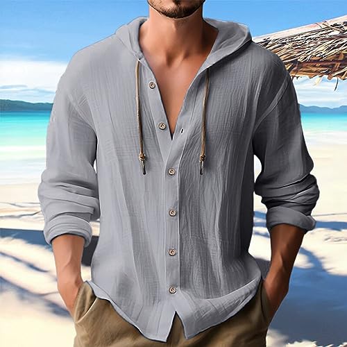Men's Linen Button Lightweight Hoodies Fashion Shirt Cardigan Long Sleeve Casual Beach Sweatshirt, M-3XL4